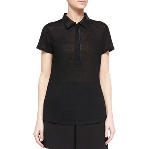 Vince Leather-Trim Polo Black Linen T-Shirt S ($2… - image 1